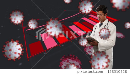 Image of covid 19 cells and statistics recording over male doctor writing on clipboard Image of covid 19 cells and statistics recording over male doctor writing on clipboard 128310528