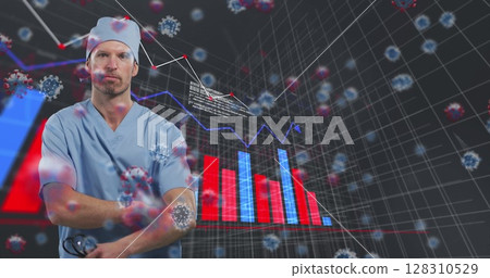 Image of covid 19 cells and statistics recording over male doctor 128310529