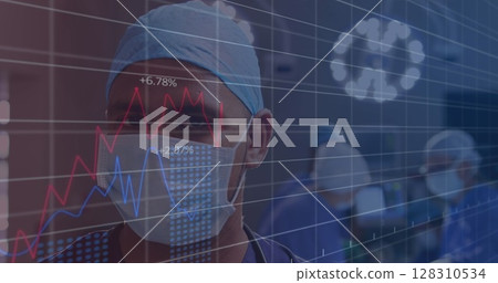 Financial data processing against portrait of male surgeon wearing face mask at hospital Financial data processing against portrait of male surgeon wearing face mask at hospital 128310534