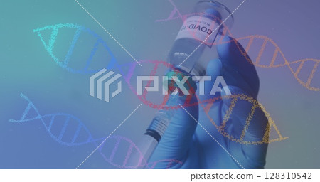 Multiple dna structure spinning against mid section of doctor withdrawing covid19 vaccine in syringe Multiple dna structure spinning against mid section of doctor withdrawing covid19 vaccine in syringe 128310542