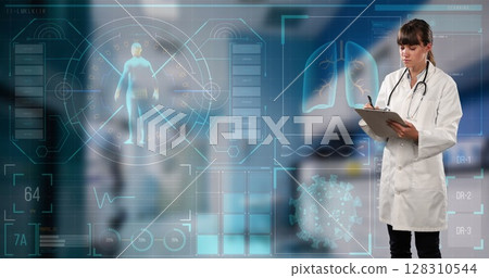 Medical data processing against caucasian female doctor writing on clipboard 128310544