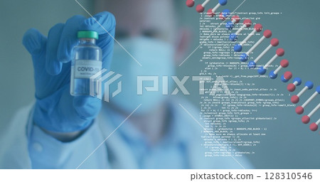 Dna structure spinning against male doctor wearing face mask holding covid 19 vaccine Dna structure spinning against male doctor wearing face mask holding covid 19 vaccine 128310546