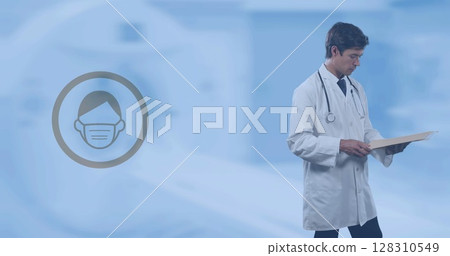 Covid 19 icon against caucasian male doctor writing on clipboard 128310549
