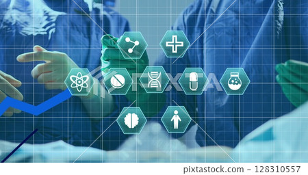 Multiple medical icons against mid section of team of surgeons performing operation 128310557