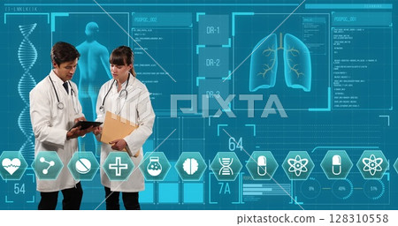 Caucasian male and female doctor taking to each other against medical data processing 128310558