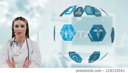 Portrait of caucasian female doctor wearing phone headset talking against globe of medical icons 128310561
