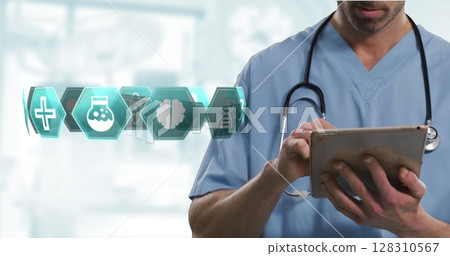 Multiple medical icons spinning against mid section of male health worker using digital tablet 128310567