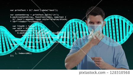 Dna structure and data processing against caucasian male health worker adjusting his face mask 128310568