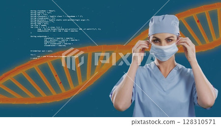 Dna structure and data processing against portrait of female health worker wearing face mask 128310571