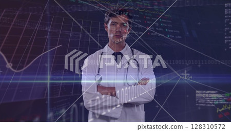 Portrait of caucasian male doctor against stock market data processing on blue background 128310572