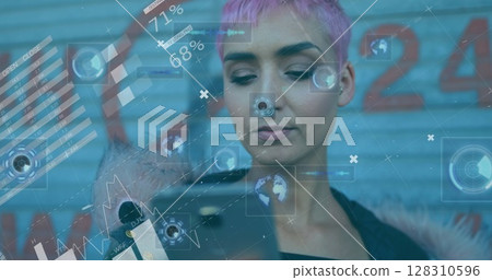 Statistical data processing and round scanners against woman using smartphone 128310596