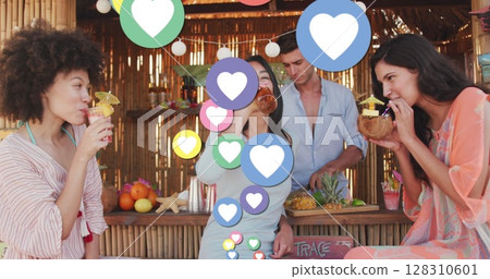 Image of heart digital icons over friends having party in beach bar 128310601