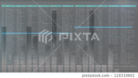 Image of data processing on screen with statistics recording on grey background 128310602