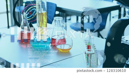 Image of globe and scientific data processing over laboratory 128310610
