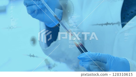 Image of statistics recording and data processing over scientist holding test tube in laboratory Image of statistics recording and data processing over scientist holding test tube in laboratory 128310615