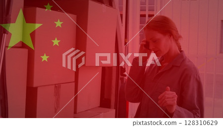 Image of chinese flag waving over woman using smartphone next to cardboard boxes Image of chinese flag waving over woman using smartphone next to cardboard boxes 128310629