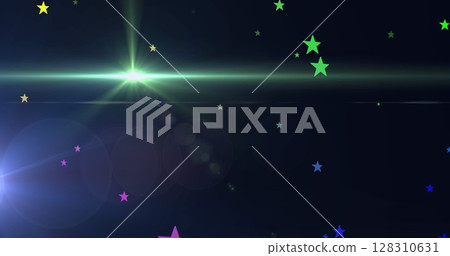 Image of multi coloured stars falling on blue background with glowing light Image of multi coloured stars falling on blue background with glowing light 128310631