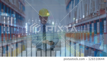 Image of data processing over man talking on smartphone working in warehouse shipping centre Image of data processing over man talking on smartphone working in warehouse shipping centre 128310644