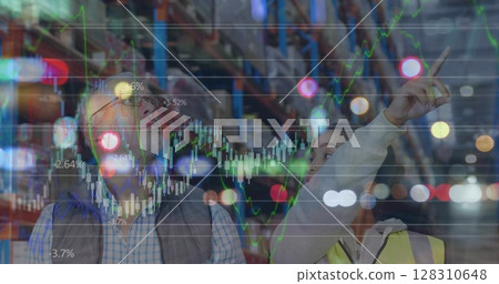 Image of data processing over man and woman talking, working in warehouse shipping centre 128310648