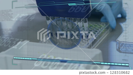 Image of red blood cell and numbers recording over laboratory 128310682