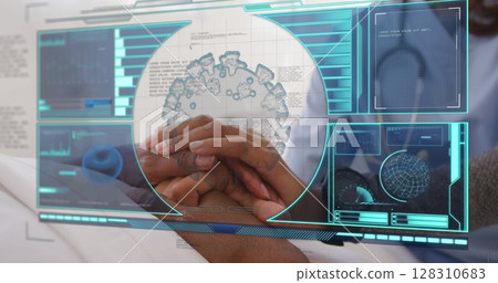 Image of covid 19 cell and scope scanning on digital screen over doctor and patient Image of covid 19 cell and scope scanning on digital screen over doctor and patient 128310683