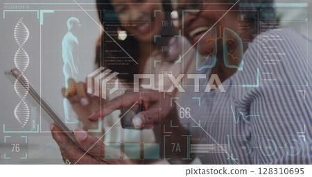 Image of medical data processing on digital screens over two women smiling and using tablet 128310695