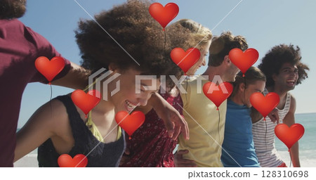 Image of heart icons over friends walking and laughing on beach Image of heart icons over friends walking and laughing on beach 128310698