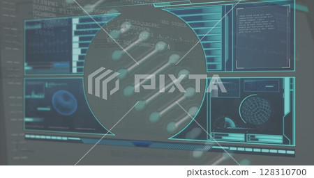 Image of dna strand spinning and medical data processing on digital screens over binary coding Image of dna strand spinning and medical data processing on digital screens over binary coding 128310700
