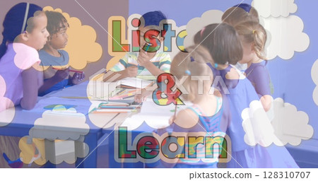 Image of listen and learn text formed with puzzles over school children and clouds Image of listen and learn text formed with puzzles over school children and clouds 128310707