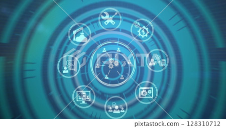 Image of interface with turning cogs, people and business icons on blurred blue background 128310712