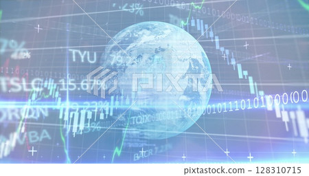 Image of glowing interface with turning globe, data and information moving on dark background 128310715