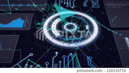 Image of interface with circular scope,motherboard and information moving on black background Image of interface with circular scope,motherboard and information moving on black background 128310716