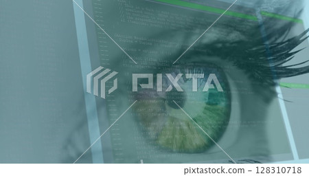 Image of woman's green eye and fast scrolling digital information with white lines Image of woman's green eye and fast scrolling digital information with white lines 128310718