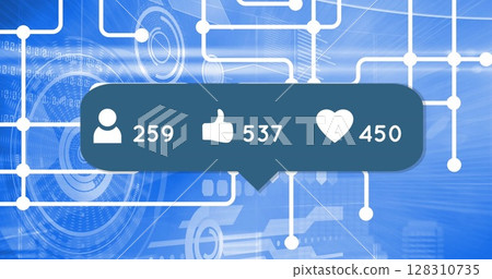 Image of speech bubble with social media icons over network of connection on blue background Image of speech bubble with social media icons over network of connection on blue background 128310735