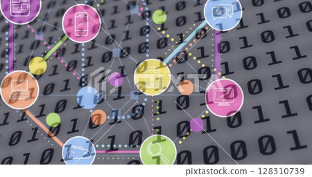 Image of network of digital icons over binary coding on grey background 128310739
