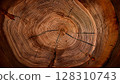 Oak wood cross section texture showing growth rings and cracks 128310743