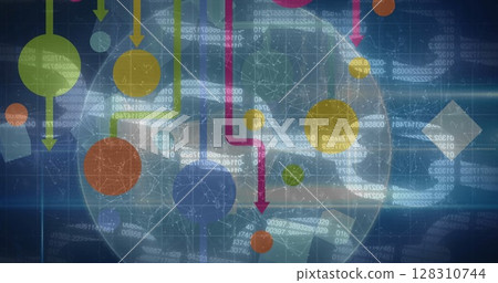 Image of network of connections with online security chains on blue background 128310744
