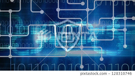 Image of digital online security padlock icon, binary coding over network of connections 128310746