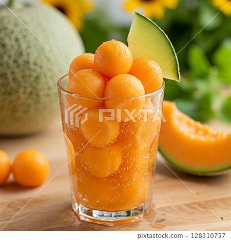 Round orange melon fruit punch Melon soda, summer refreshment 128310757
