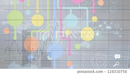 Image of network of connections, digital icons over world map on grey background 128310758