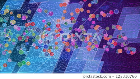 Image of digital icons over blue screens on patterned purple background 128310760