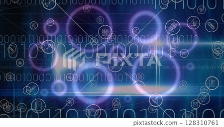 Image of digital icons and binary coding over purple glowing circles in background Image of digital icons and binary coding over purple glowing circles in background 128310761