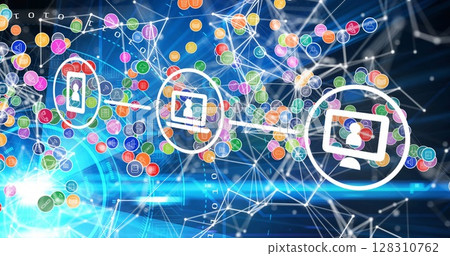 Image of digital icons over network of connections in background 128310762