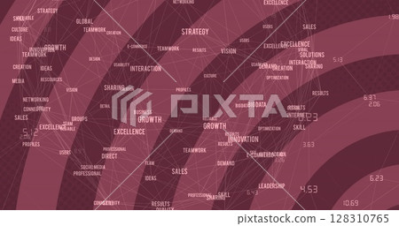 Image of business text with network of connections with red stripes in background 128310765