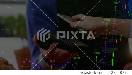 Image of financial data processing over person paying using phone with payment terminal 128310783