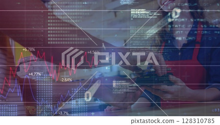 Image of financial data processing over client in shop paying using phone with payment terminal 128310785
