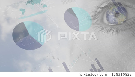 Image of financial data processing with statistics over woman's eye 128310822
