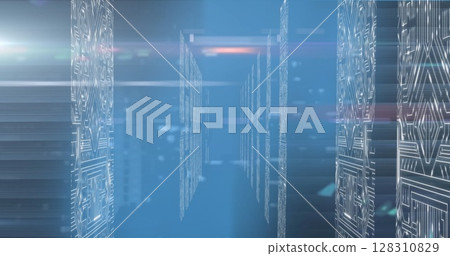 Image of data processing with light trail on computer servers on blue background Image of data processing with light trail on computer servers on blue background 128310829