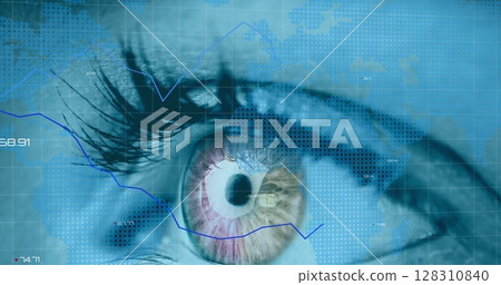 Image of financial data processing with world map over woman's eye Image of financial data processing with world map over woman's eye 128310840