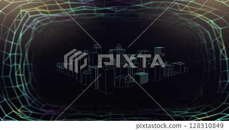 Image of network of connections over 3d spinning city model on black background Image of network of connections over 3d spinning city model on black background 128310849